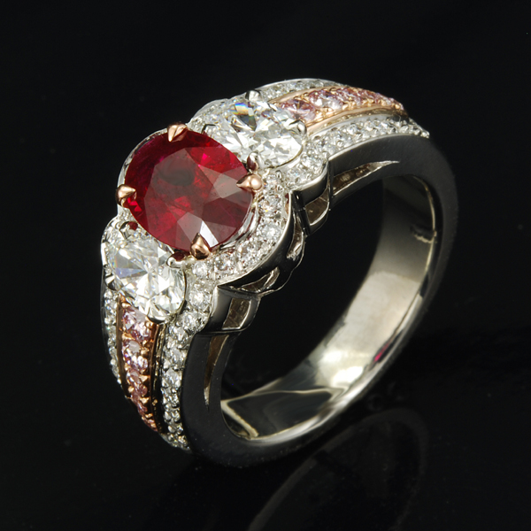 Oval Diamonds three stone ring ruby center stone